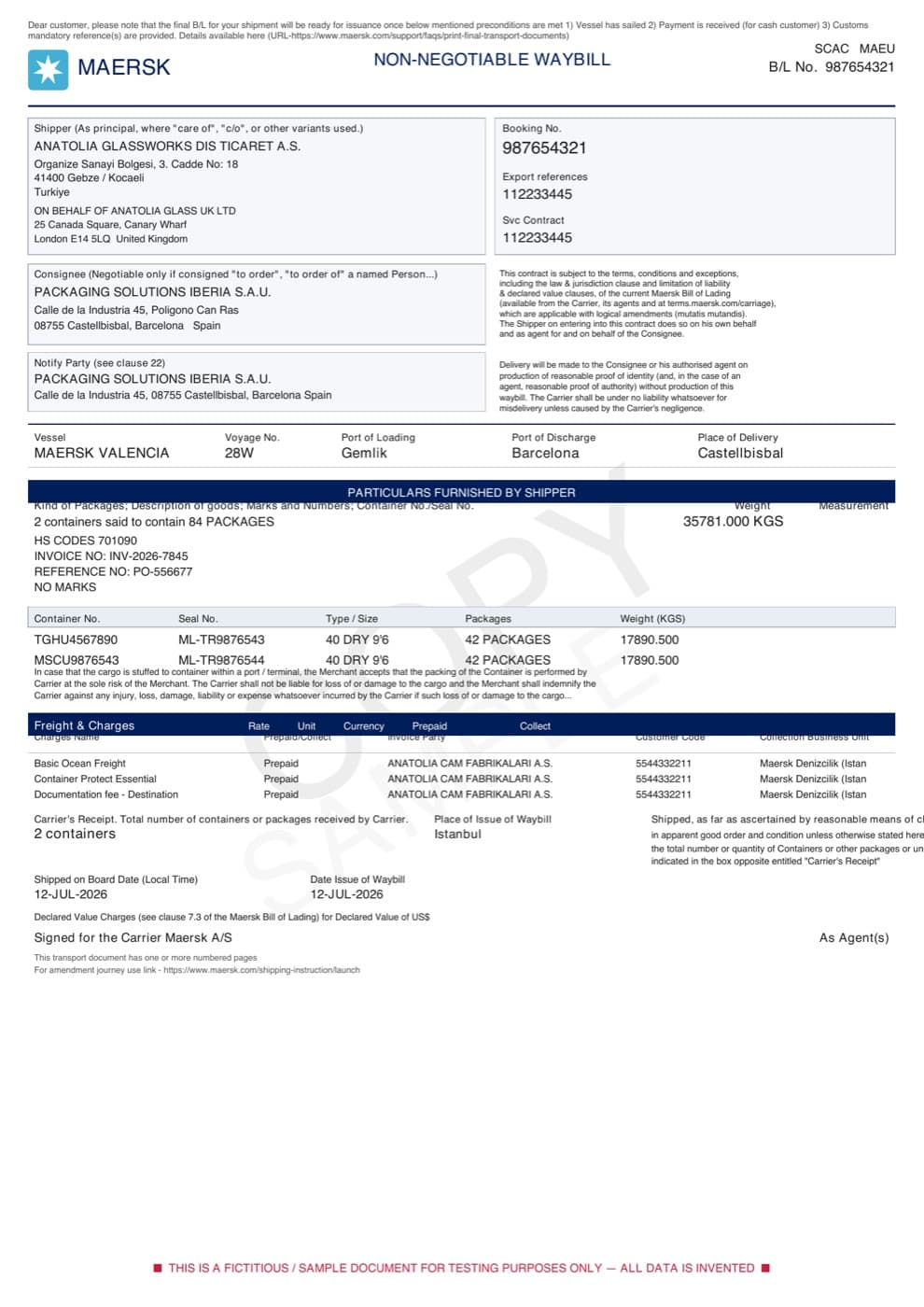 Bill of Lading Maersk — conocimiento de embarque no negociable
