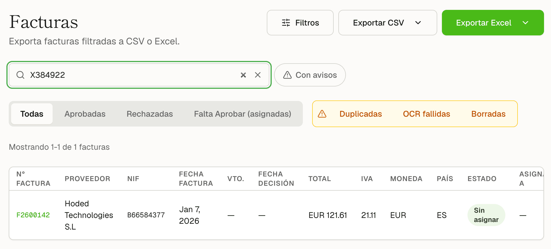 Listado de facturas con búsqueda, filtros por estado y exportación.