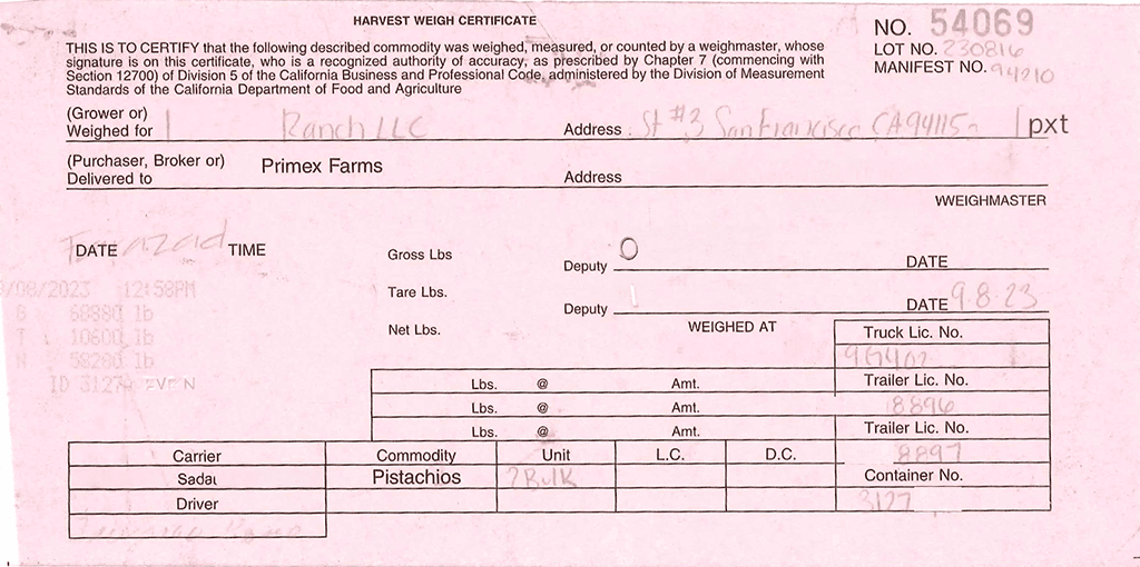 Weight certificate - Harvest Weigh Certificate