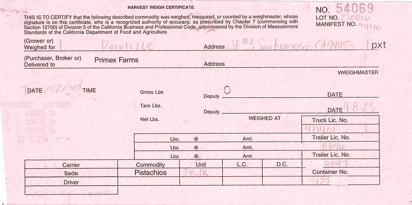 Certificado de peso - Harvest Weigh Certificate