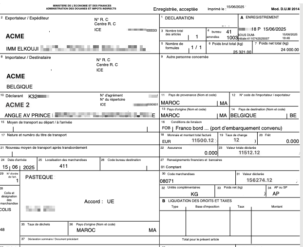 Ejemplo de Déclaration Unique des Marchandises (DUM)
